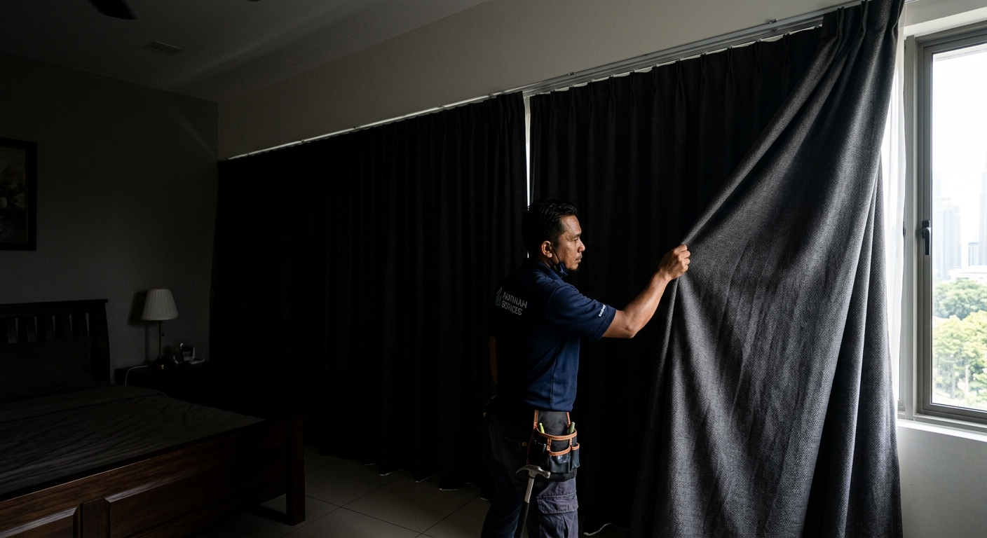 Juruteknik menggantung langsir blackout hitam di bilik tidur