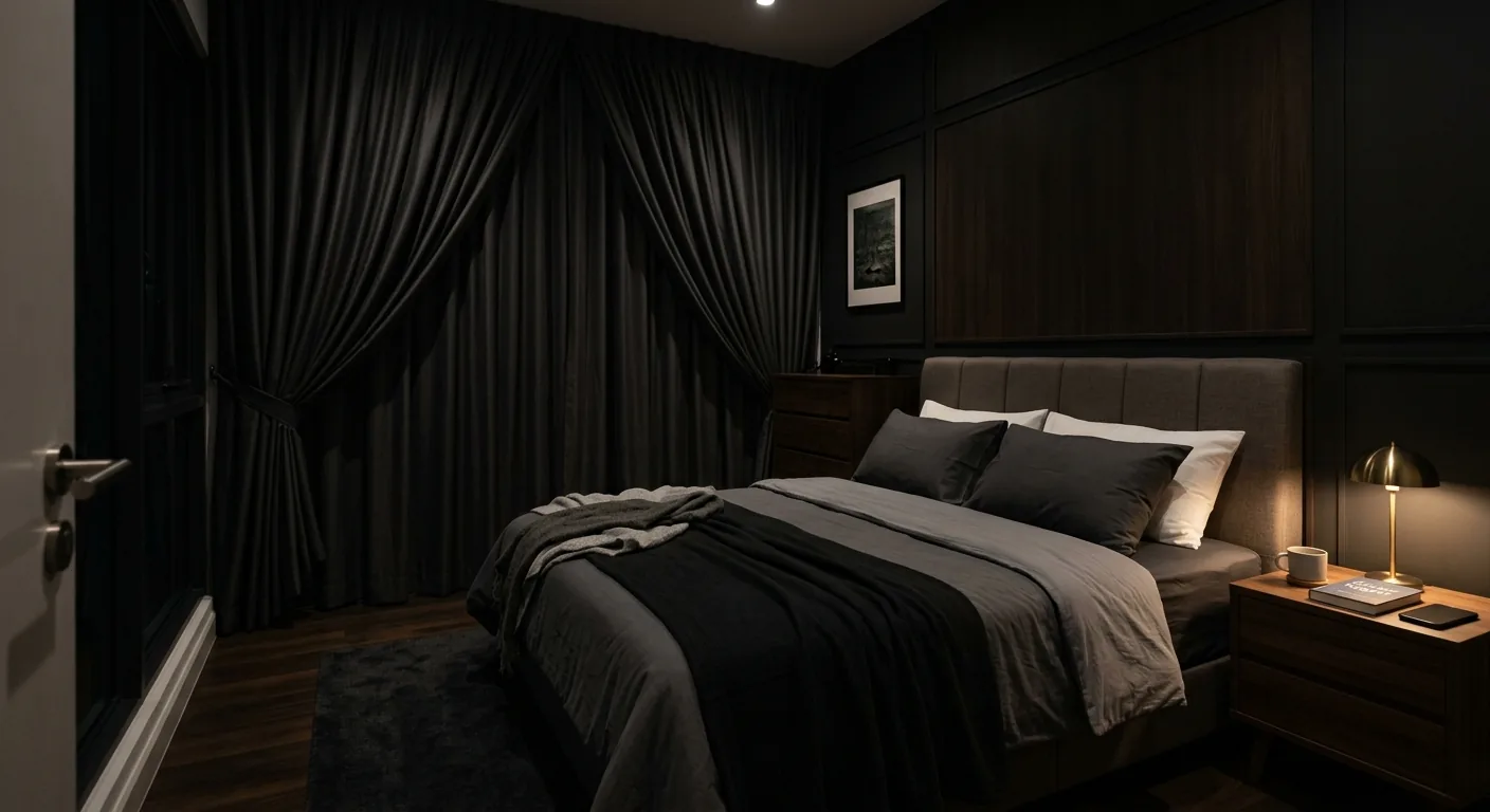 Bilik tidur gelap dengan langsir blackout dipasang