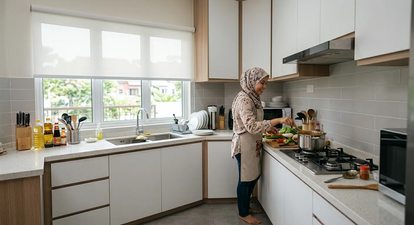 Bidai roller putih dipasang di tingkap dapur Malaysia