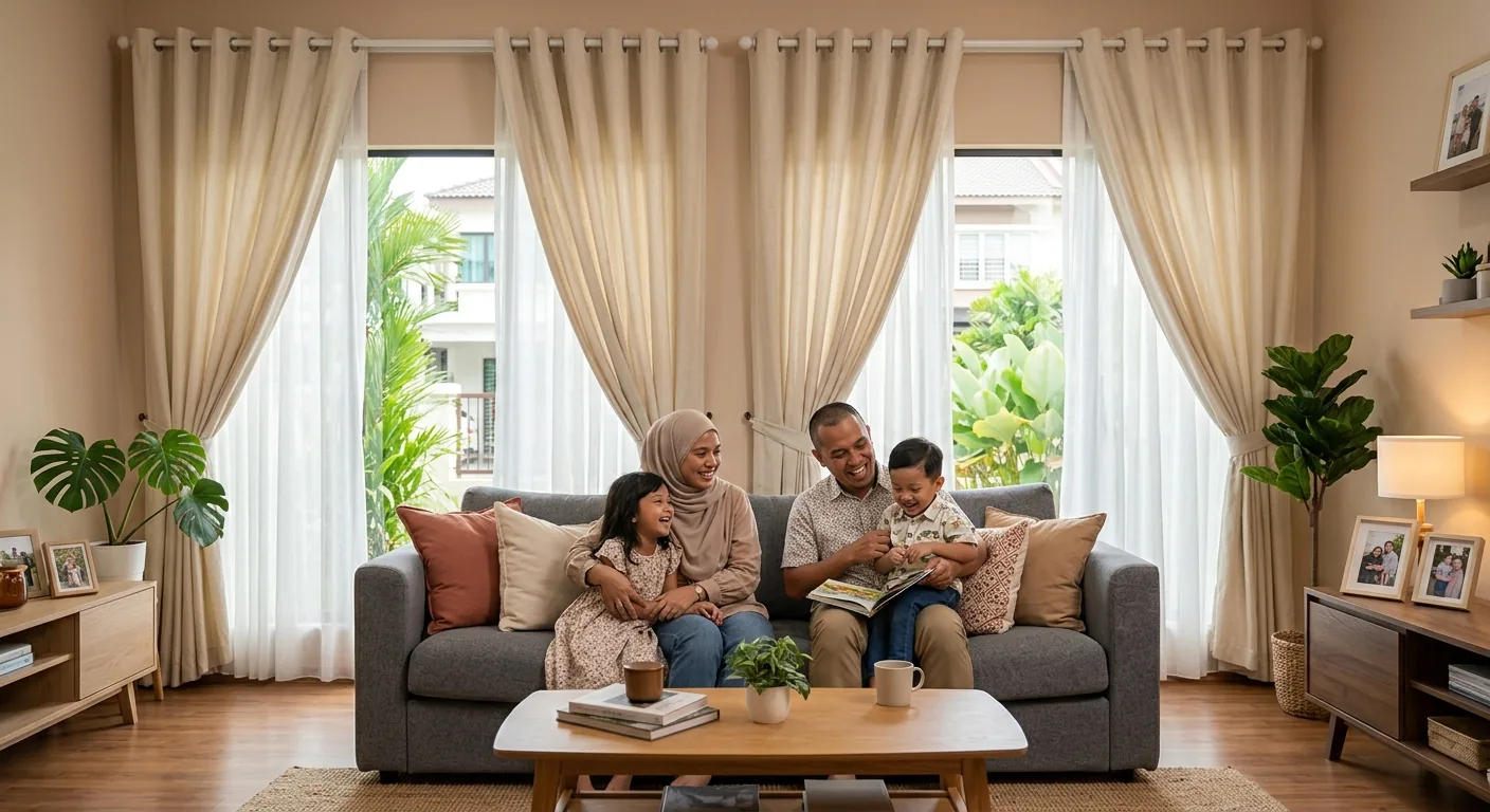 Keluarga Malaysia dengan langsir eyelet cantik di ruang tamu